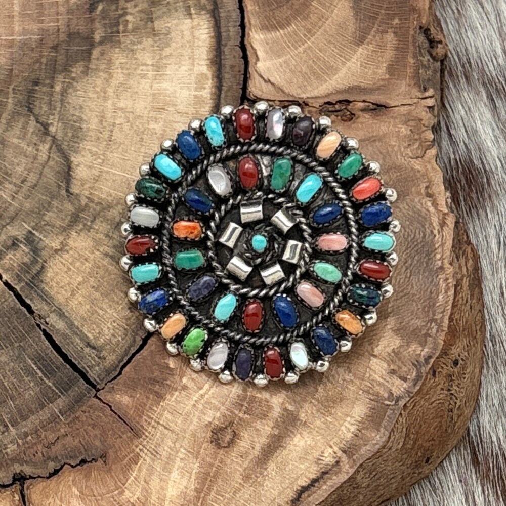 LORRAINE WAATSA Zuni Sterling Silver Multi-Stone Round Cluster Pin Pendant